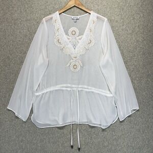 Bebe Womens Large Sheer Embroidered Boho Tunic Top White Floral V Neck